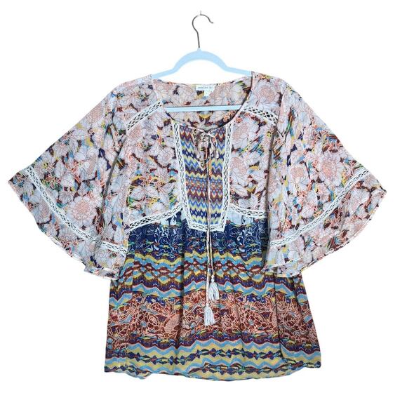 Anthropologie Meadow Rue Blouse Sz L Boho Floral Patchwork Crochet Peasant Top - Picture 5 of 10